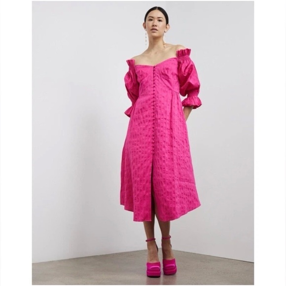 cult gaia Dresses & Skirts - Cult Gaia Simona dress bright pink linen blend off shoulder puff sleeve sz 6 P17